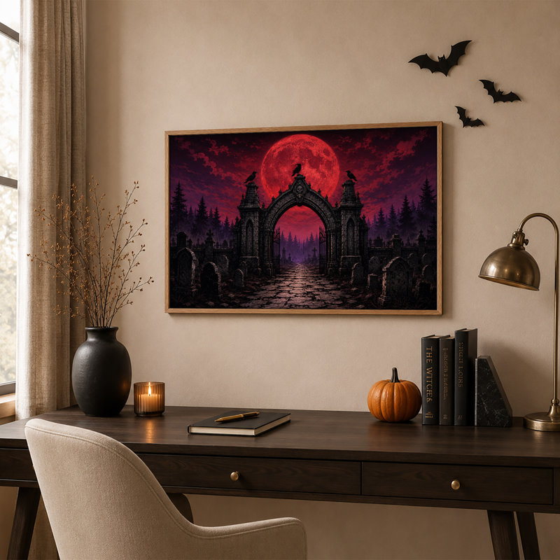 Porte de cimetière gothique avec corbeaux sous une lune rouge - Toile murale d'Halloween, 24"H x36"W