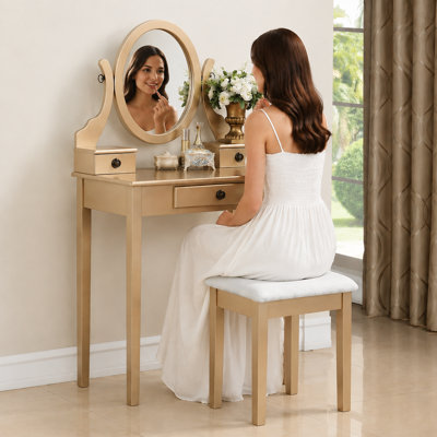 . Ensemble de meuble-lavabo 30 "en bois massif avec miroir ovale et tabouret, doré.    