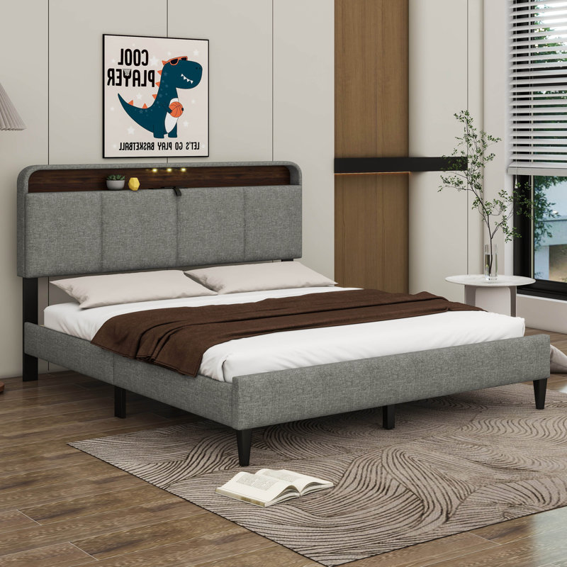 Lit plateforme tapissier avec tête de lit Siyana, Double, gris