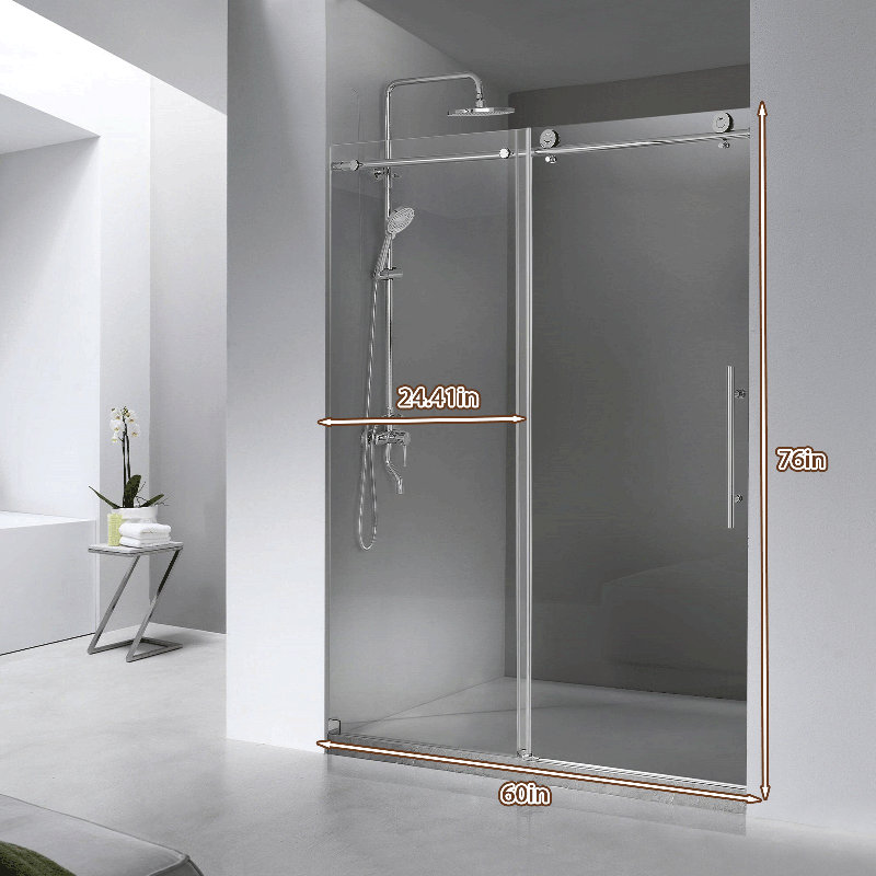 Porte de douche coulissante simple l 60 po x H 76 po | Verre trempé | Entièrement sans cadre, Laiton brossé
