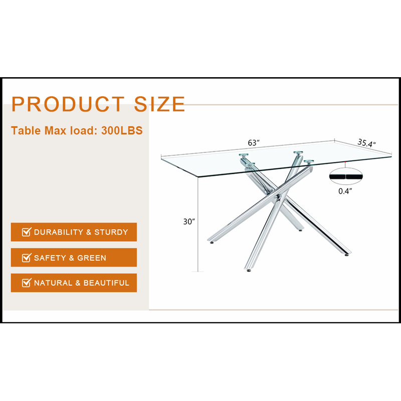 Grande table de salle à manger rectangulaire moderne en verre minimaliste avec pieds en verre trempé de 0,39 pouce et métal chromé argenté, parfaite pour les espaces contemporains