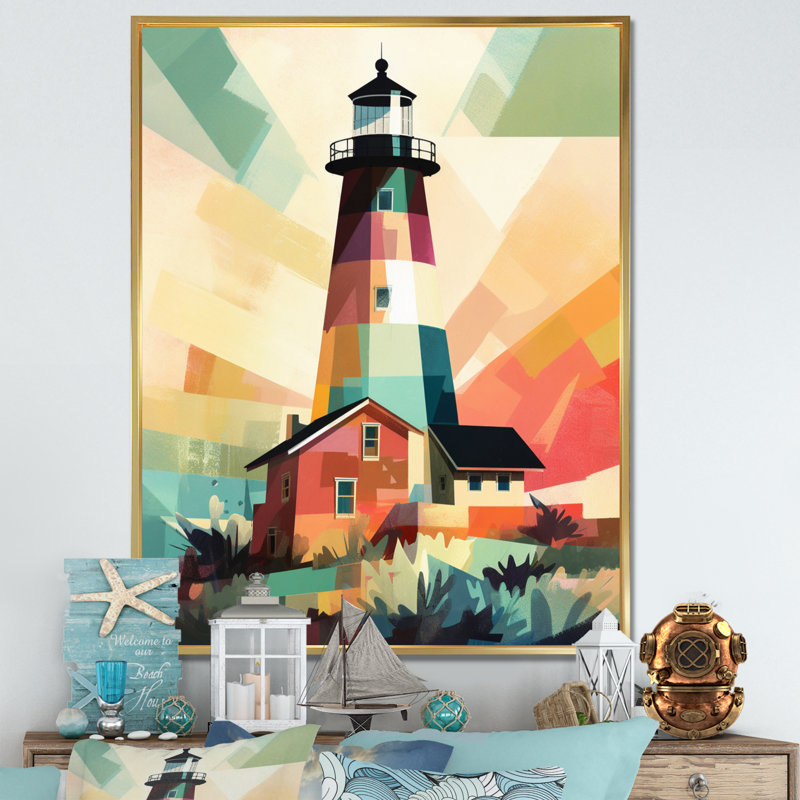 Phare de bord de mer I sur toile, Cadre flottant doré, H 32 po x l 16 po x P 1 po