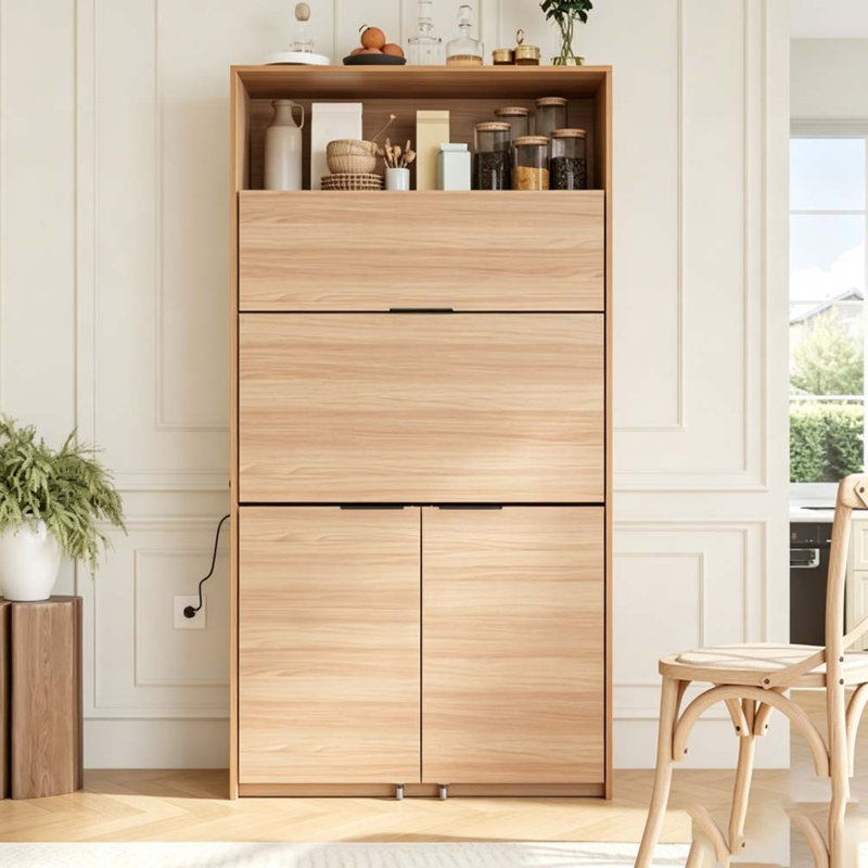 Buffet 69 po avec huche et poste de travail pliable, armoire de rangement multifonctionnelle avec tablette réglable et prise de courant