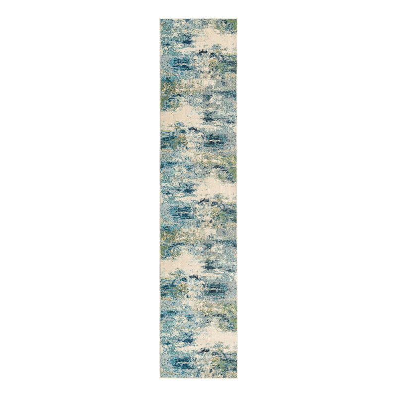 Tapis bleu clair tissé à la machine à motif abstrait Keimar, Runner 2'7" x 12'