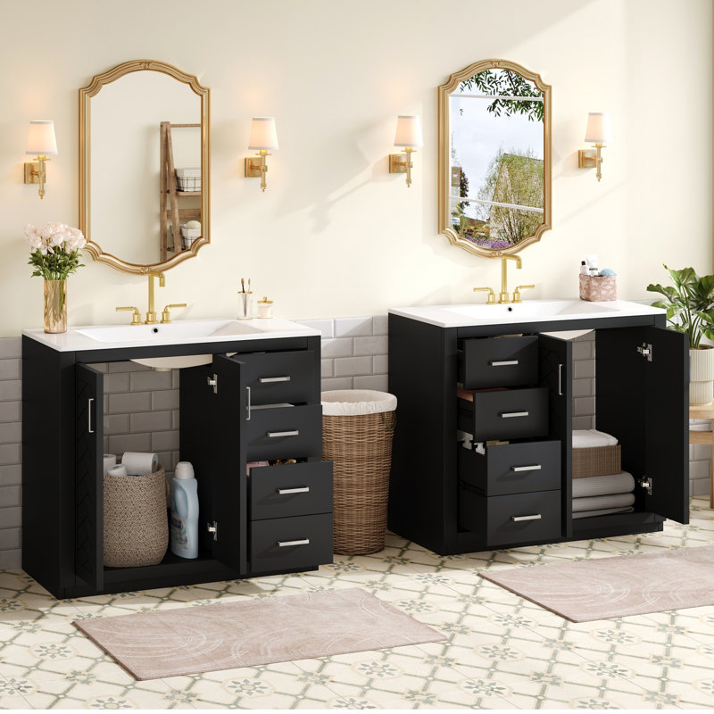 Meuble-lavabo 72 po avec lavabo en céramique, Noir / argenté