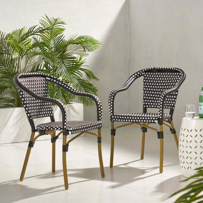 Ensemble de 2 chaises bistro d'inspiration française avec structure en aluminium, finition à imprimé bois, emballage en osier