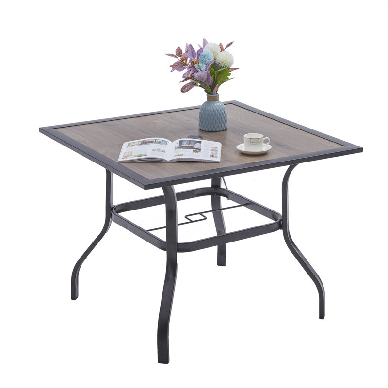 Thomey Square Metal Outdoor Dining Table With Umbrella Hole , 37'' in. W 37'' in. D, Walnut
