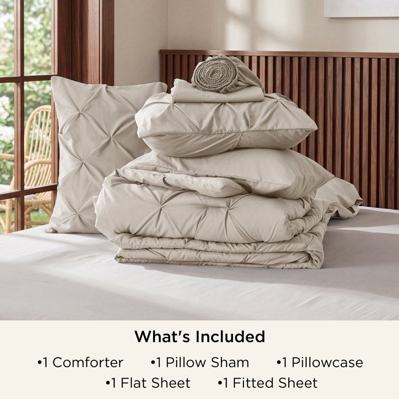Bedsure Twin/Twin-XL Burgundy Pintuck Bed-in-a-Bag - Beige Pinch Pleat Comforter Set with Sheets, Pillowcases & Shams for Dorm Room(Set of 5)