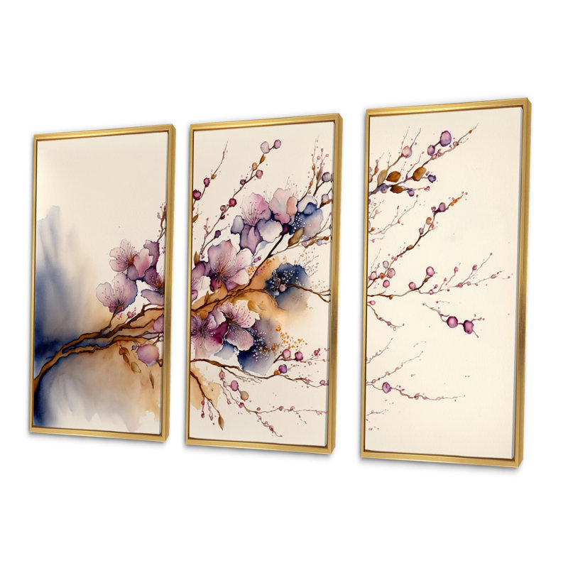 Rose et prune cerisier en fleurs III - ensemble d'art mural moderne sur toile, H 28 po x l 36 po, Cadre flottant doré