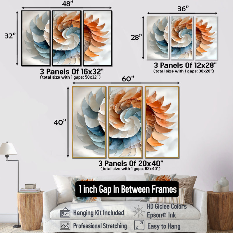 Pétales bleus et blancs dorés en spirale - ensemble de décorations murales spirales abstraites, H 28 po x l 36 po x P 1 po