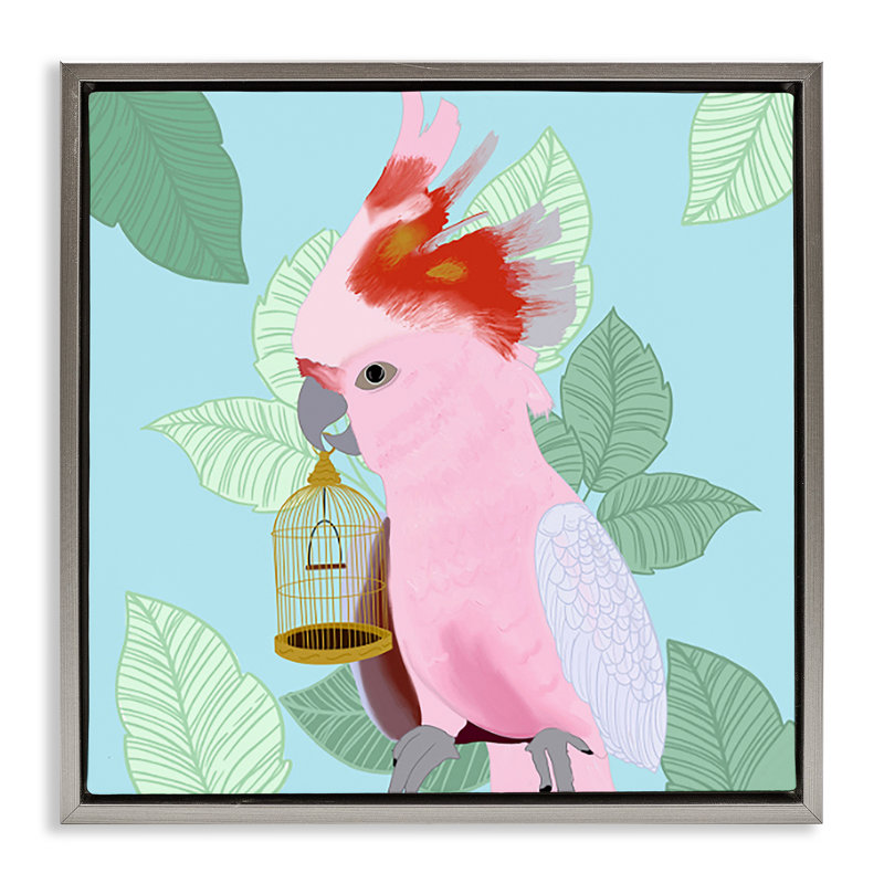 «Pink Cockatoo with Leaves», art mural sur toile flottante noire par Ashley Singleton, Cadre flottant gris lustré