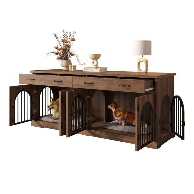 Meuble de cage de 180 cm (70,8 po) avec séparateur amovible, 4 tiroirs de rangement et 4 portes, table d'appoint pour niche intérieure pour chiens moyens et petits, brun