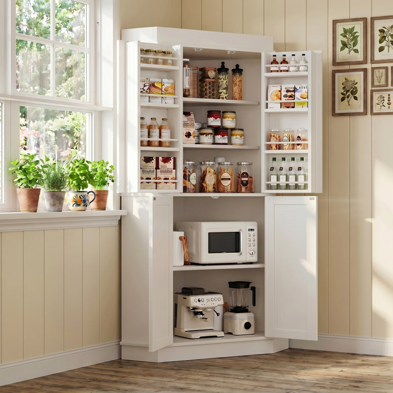 71" White Corner Pantry | Farmhouse Style, 4-Door Kitchen Storage, White