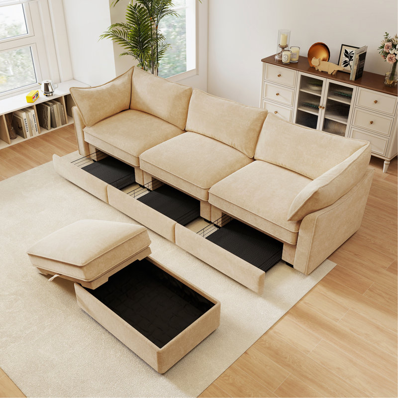 Canapé modulaire en L 3 places, canapé 3 places avec 1 repose-pieds mobile, accoudoirs en forme de croissant et coussins de dossier et d'accoudoirs enveloppants, doux, confortable, large et profond, couleur chenille