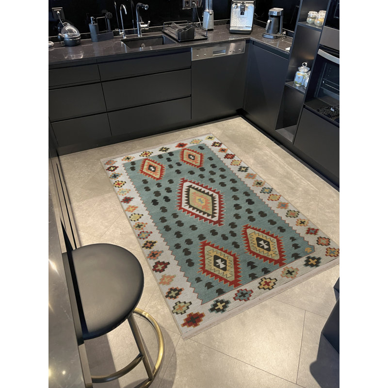 Tapis décoratif multicolore à motif frangé et à motif traditionnel, Tapis de couloir 3 pi 3,37 po x 6 pi 6,74 po