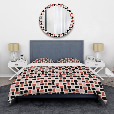 Noir, brun, rose et formes rectangulaires I - ensemble de housse de couette moderne - microfibre de polyester