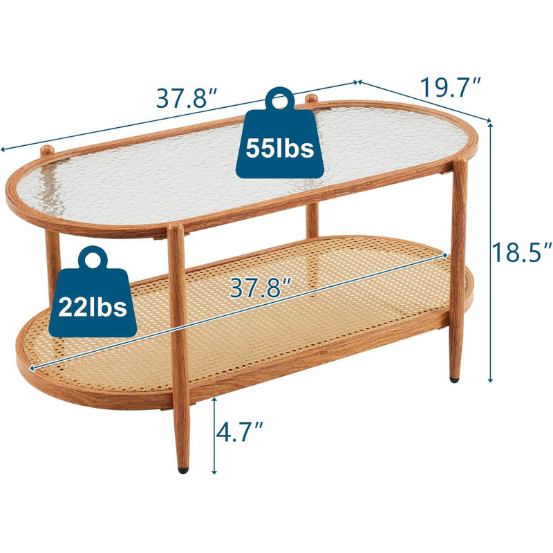 Double-Layer Oval Ripple Glass And PE Rattan Tabletop Paired With Heat Transfer Wood Grain Iron Frame Coffee Table