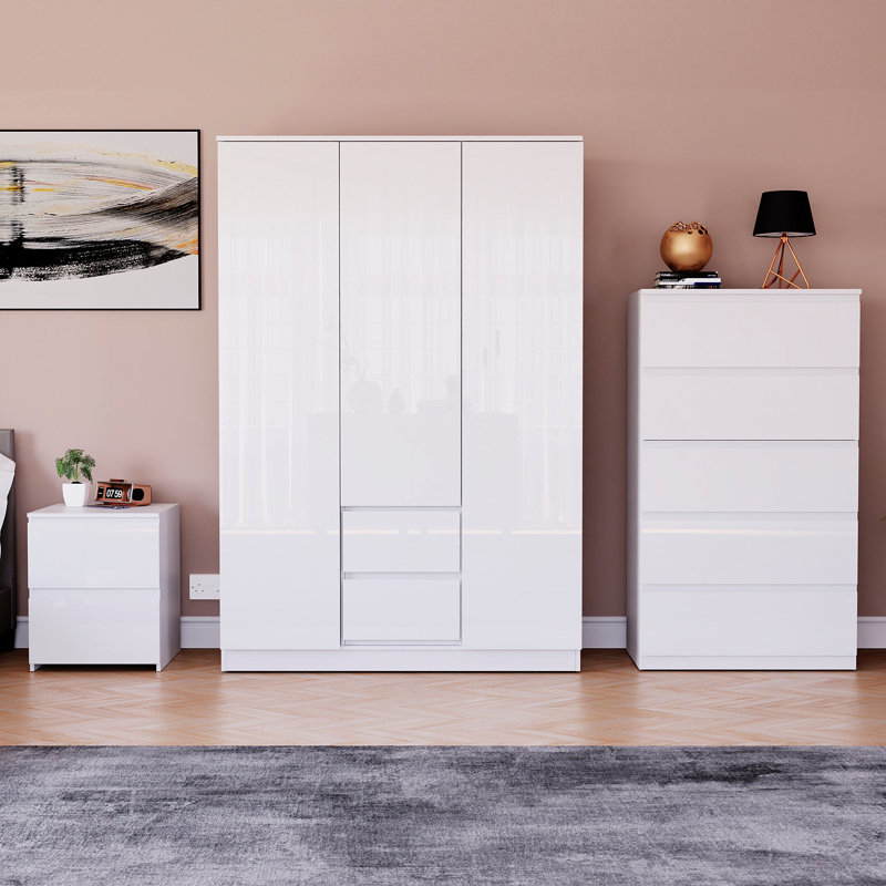 Oslo 3 Piece Bedroom Set (2 Drawer Bedside Chest, 5 Drawer Chest, 3 Door 2 Drawer Wardrobe), (100% FSC), White