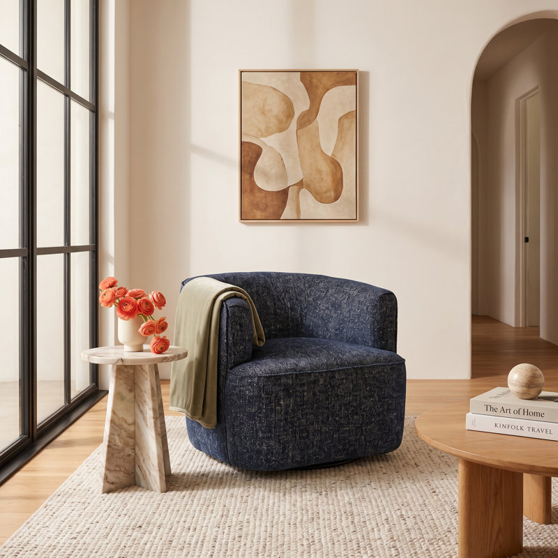 Bronte Swivel Barrel Chair, Comal Azure Performance Textured Weave