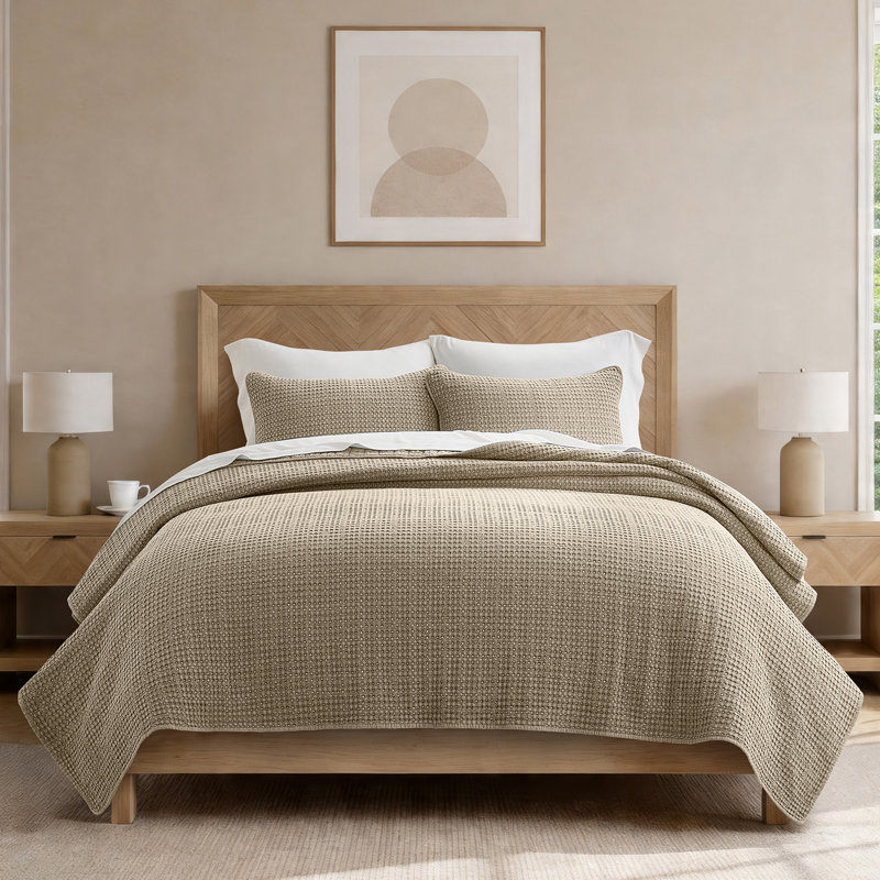 Stonewashed 100% Natural Cotton Waffle Quilt Set, Queen Quilt + 2 Standard Shams, Hearth Taupe