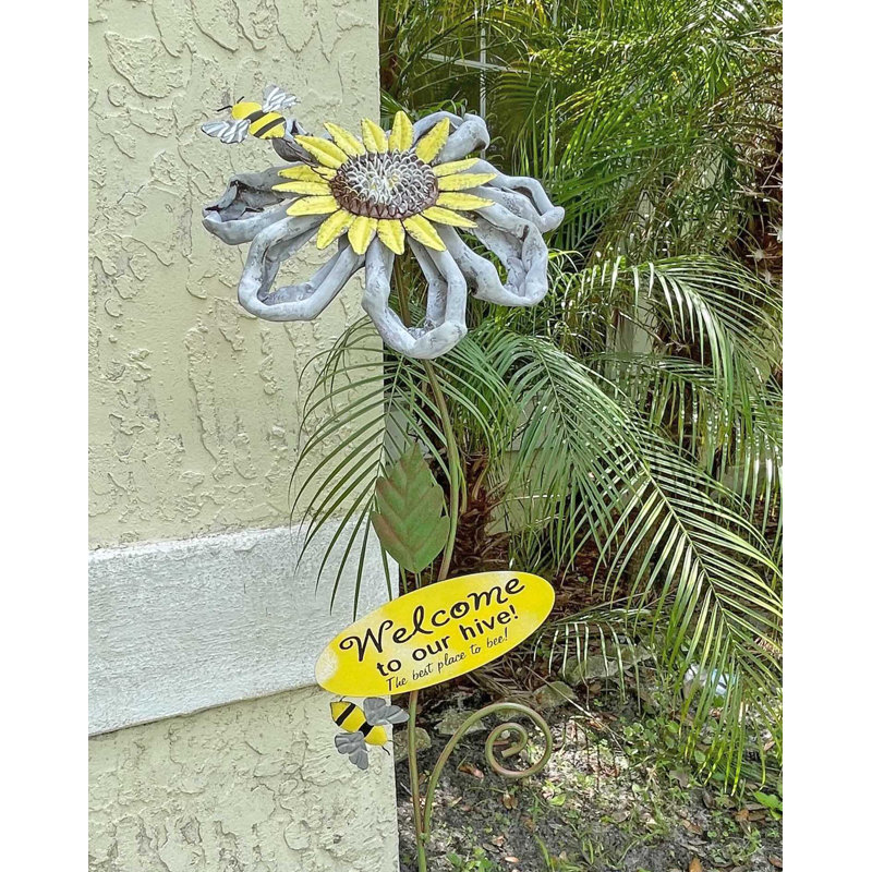 Ensemble de 2 piquets de jardin en tournesol en métal blanc et jaune Lacharite