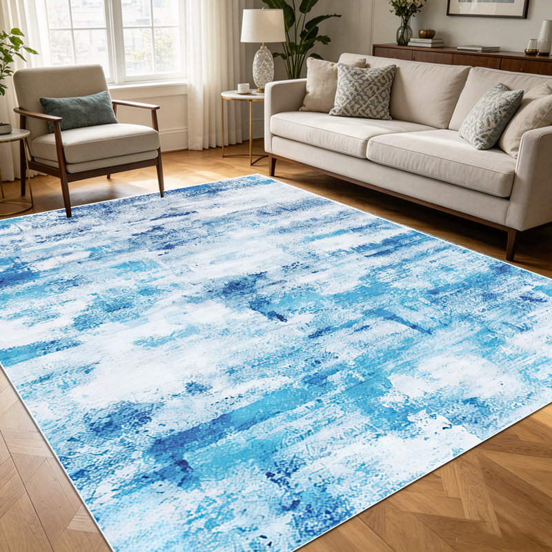 1PC Blue Abstract Distressed Brush Stroke Watercolor area rugs for Living Room, Soft and Comfortable, Suitable for all seasons, easy-to-maintain, machine washable Indoor floor mat, Under Table Farmhouse suitable for dining table, bedroom, kitchen.