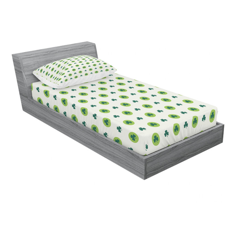 Microfiber Polka Dots Sheet Set, Twin Sheet Set with Fitted Sheet, Clover Flowers Dots Cultural St. Patrick's Day