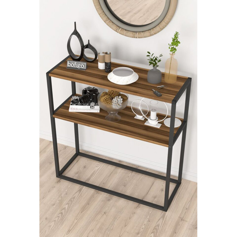 Aigar 90cm Solid Wood Top Console Table, Brown/Black