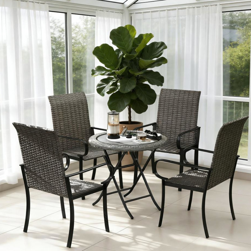 Chaise de salle à manger pe 4 tissée à la main avec structure haute en acier rouille, brun, idéale pour la salle de patio. Assemblage requis dossier haut