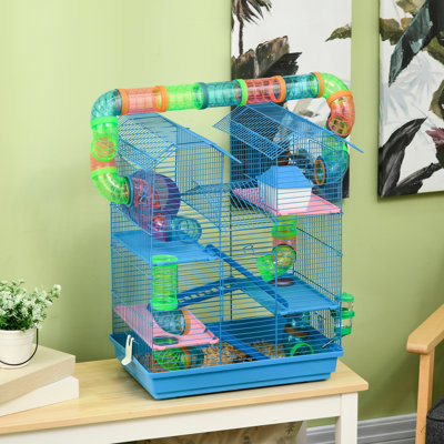Cage à hamster 18,5 po à 5 niveaux avec tubes et tunnels - Bleu, plat pour petits animaux, bouteille d'eau, roue d'exercice, perméation à l'air légère en intégrant des tubes, des tunnels, une amélioration du débit d'air