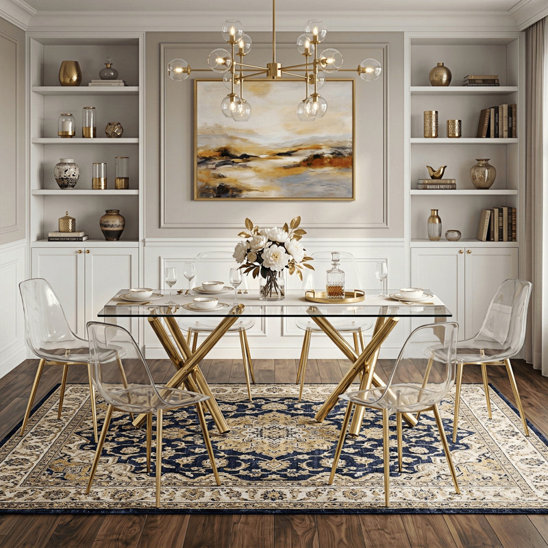 Ensemble de salle à manger moderne en verre 71 po avec 6 chaises en acrylique et pieds dorés Modern Glam