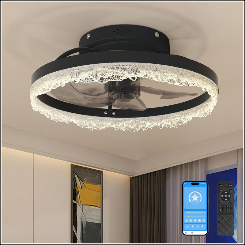 Ventilateur de plafond à DEL décoratif de 16 pouces - Plafonnier encastré moderne avec anneau en acrylique d'inspiration cristal, pales cachées et télécommande pour maisons élégantes