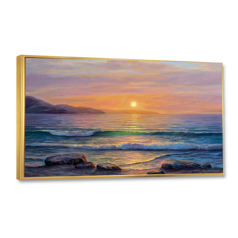 Lumière du matin sur les vagues de la mer - photographie sur toile, H 12 po x l 20 po x P 1 po, Cadre doré
