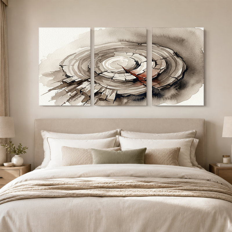 Ensemble de 3 toiles murales de style aquarelle représentant les anneaux de croissance d'une souche d'arbre