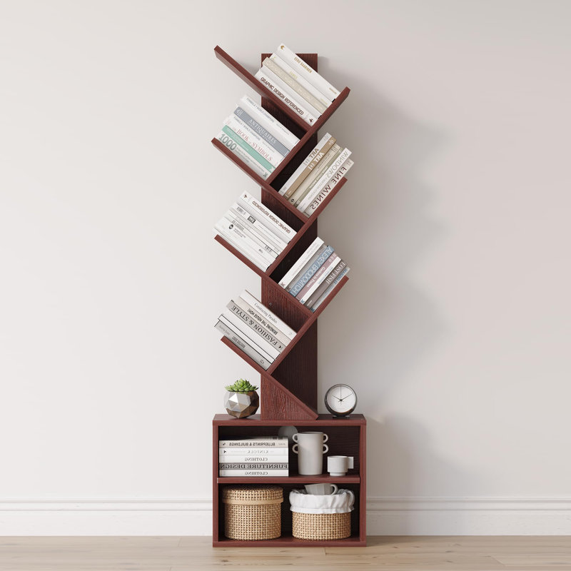 Bibliothèque à 6 niveaux avec armoire de rangement et bibliothèque étroite pour petits espaces, Cerisier