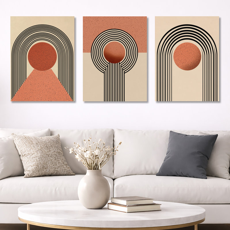 Vortex rétro orange et noir - décoration murale abstraite encadrée de style Mid-Century à 3 panneaux, H 32 po x l 72 po