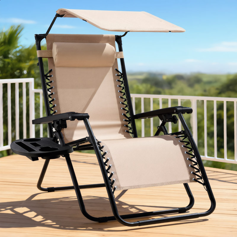 Beach Chairbeige Foldable Zero Gravity Chair For Outdoor Patio With Adjustable Canopy Headrest Side Tray Textile Mesh Material