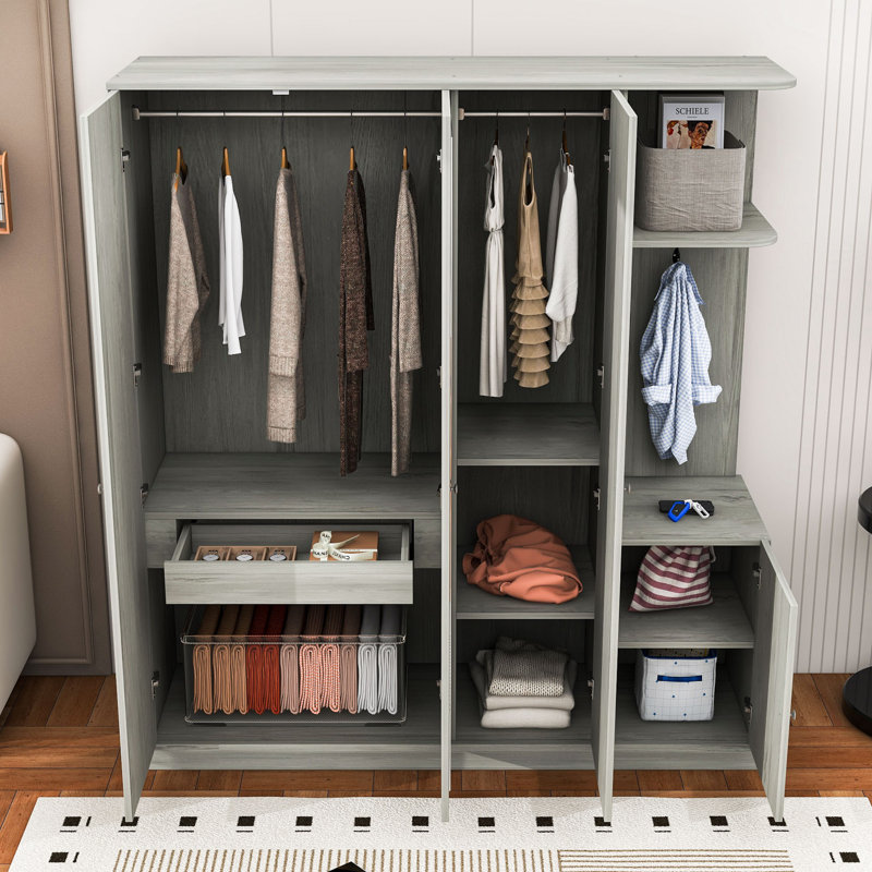 Armoire élégante avec 4 portes, tiroirs et miroir pleine grandeur, Grey/Silver