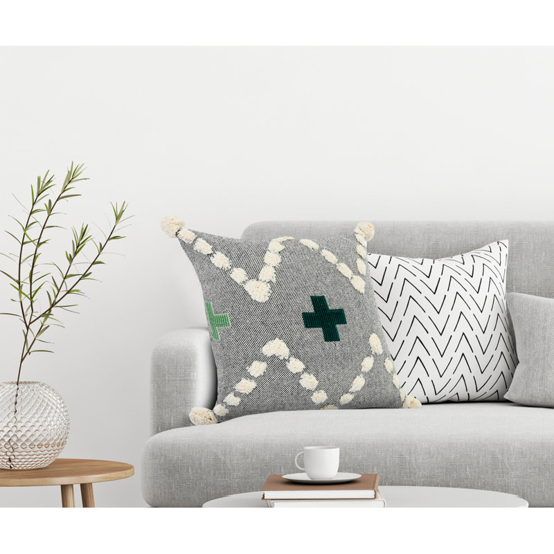 Housse de coussin carré 100% coton Dicha, Noir, blanc cassé / vert, Housse de coussin seulement - sans coussin