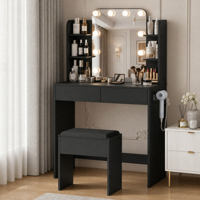 Meuble-lavabo avec miroir à DEL et station de charge Turalt, table de commode avec 2 tiroirs, 5 tablettes ouvertes pour la chambre