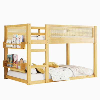 Twin Over Twin Floor Bunk Bed with Storage Shelves, Low Bunk Bed with Rattan Guardrail