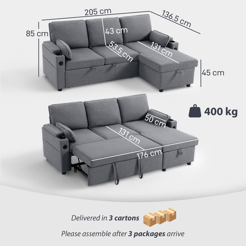3 Seater Corner Sectional, Grey Polyester