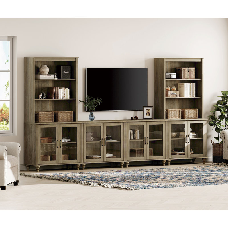 Entertainment Center With Bookshelves For Tvs Up To, Farmhouse Wall Unit TV Stand With Glass Doors, Media Console TV Table For Living Room, Bedroom & Home Theater, Oak