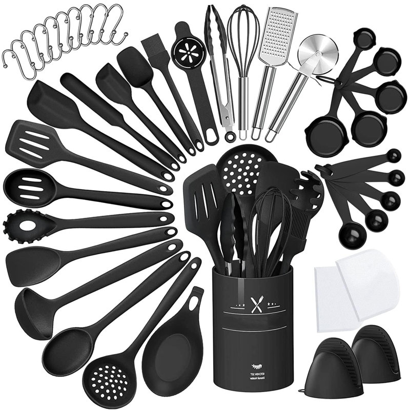 Ensemble 33 ustensiles de cuisine en silicone 33 pièces, résistant à la chaleur antiadhésif, lavable au lave-vaisselle, sans Bpa, noir