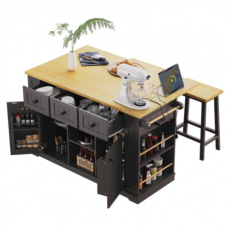 53inch Large Kitchen Island with Drop Leaf,Power Outlet,Door Internal Storage Rack,Rolling Kitchen Cart on 5 Wheels with 5 Open Side Racks for Kitchen,Black