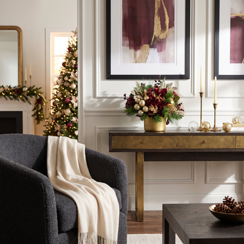 Holiday Arrangement with Hydrangeas, Ornaments and Berries