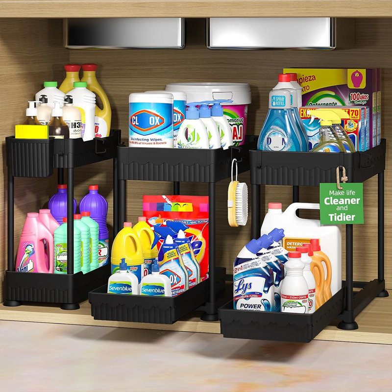 Ensemble de 3 sous-éviers - Noir - Rangement multi-usage à 2 niveaux avec tiroirs coulissants pour armoires de cuisine et de salle de bain