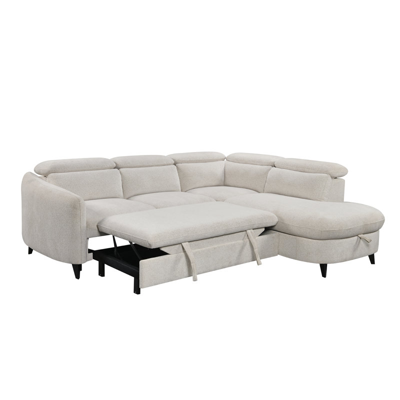 98''Wide Square Arm Sleeper Sofa 2 In 1 Convertible Sleeper Sofa Bed With Srorage Chaise And Pull Out Bed, Beige