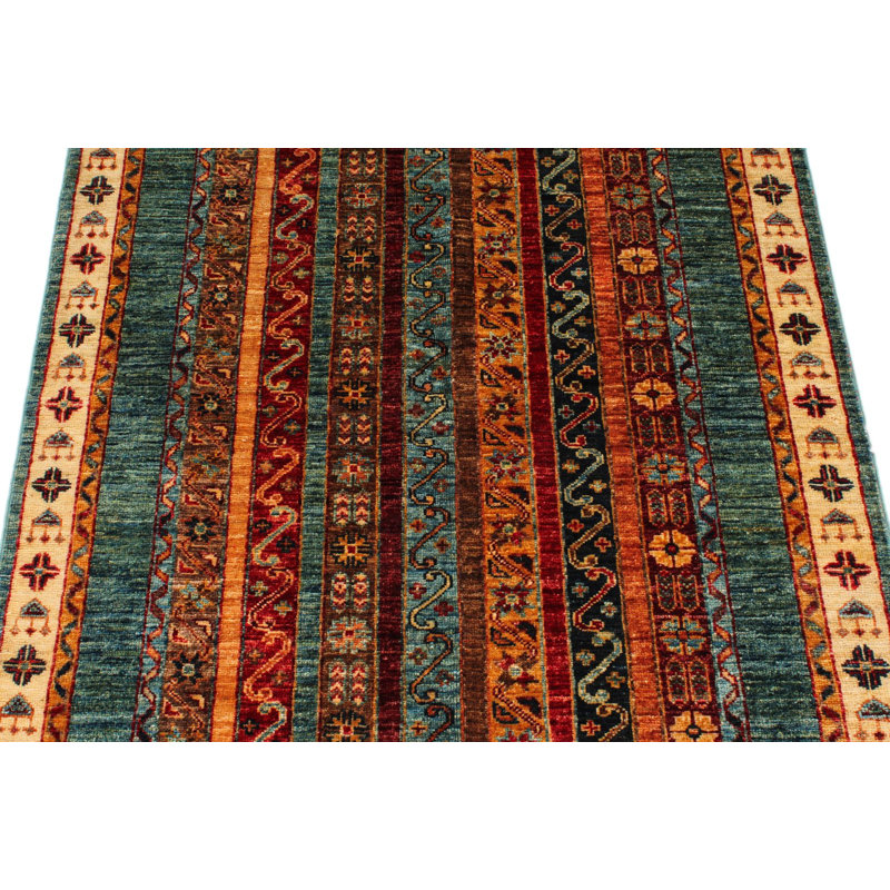 Tapis tribal turc vert et multicolore 3 x 5