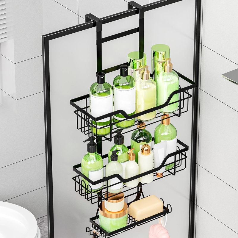 3‑Tier Black Over‑the‑Door Hanging Shower Caddy, No‑Drill Bathroom Storage Organiser